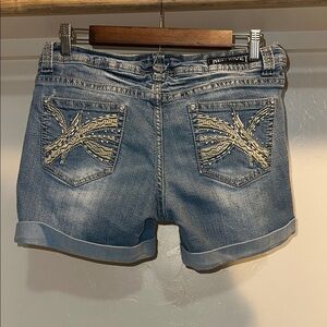 Red Rivet Denim Shorts with Embroidered Pockets